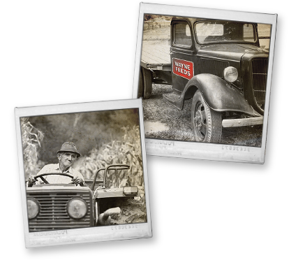 Two Polaroids of a truck and a man driving a tractor